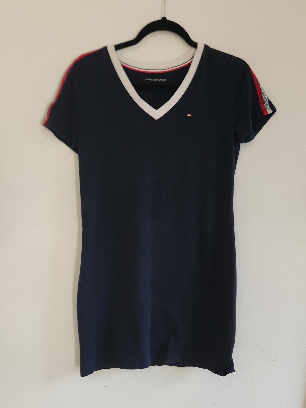 TOMMY HILFIGER Navy Blue Stretch V-Neck T-Shirt Dress S Preppy Athleisure Tennis